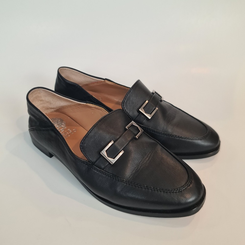 Vince Camuto VC-Cakella Black Leather Loafers Silver Buckle Womens 6M 36.5